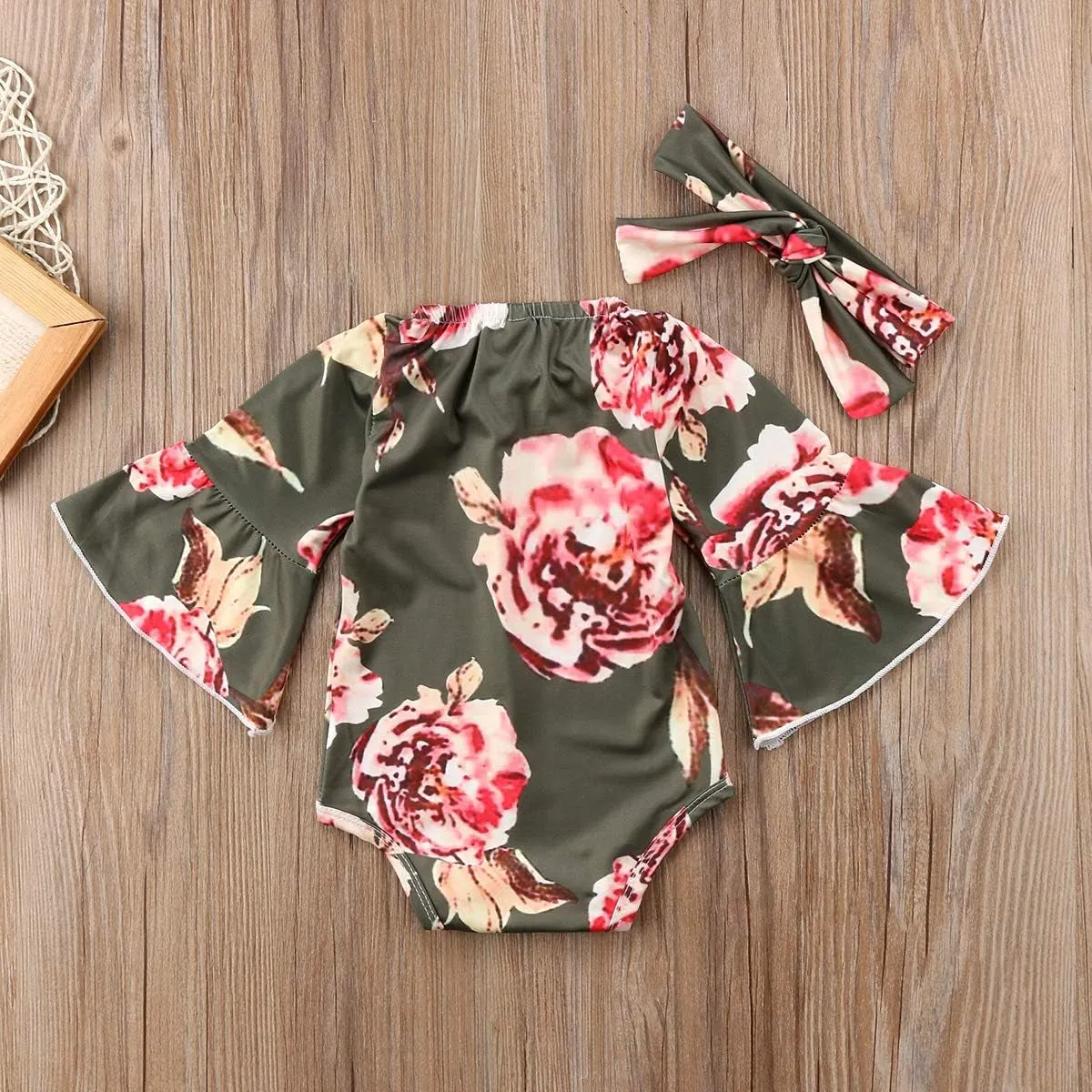 Baby Girl Lace Flower Long Sleeve Romper Solid Color Jacquard Jumpsuits Headband Clothes Sets