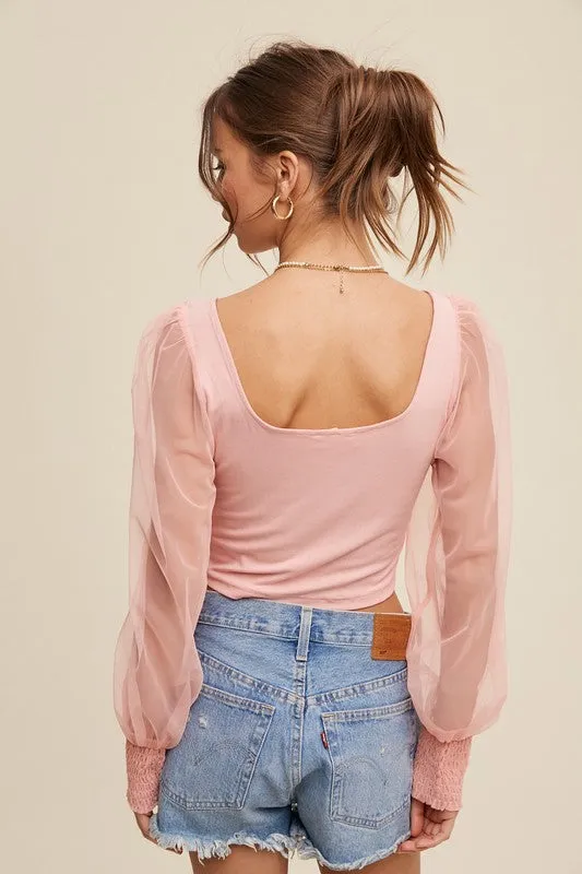 Blush Square Neck Mesh Puff Sleeve Knit Top