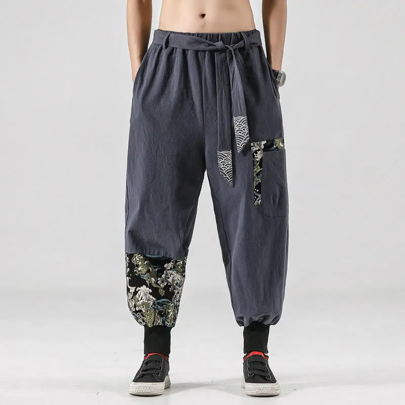 Buddha Stones Ocean Waves Lace-up Cotton Men's Harem Pants With Pockets