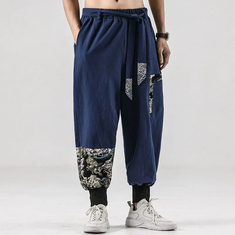 Buddha Stones Ocean Waves Lace-up Cotton Men's Harem Pants With Pockets