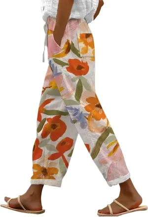 Capri Linen Pants for Women Drawstring Capri Pants with Pockets Wide Leg Cropped Pants for Women Womens Linen Pants