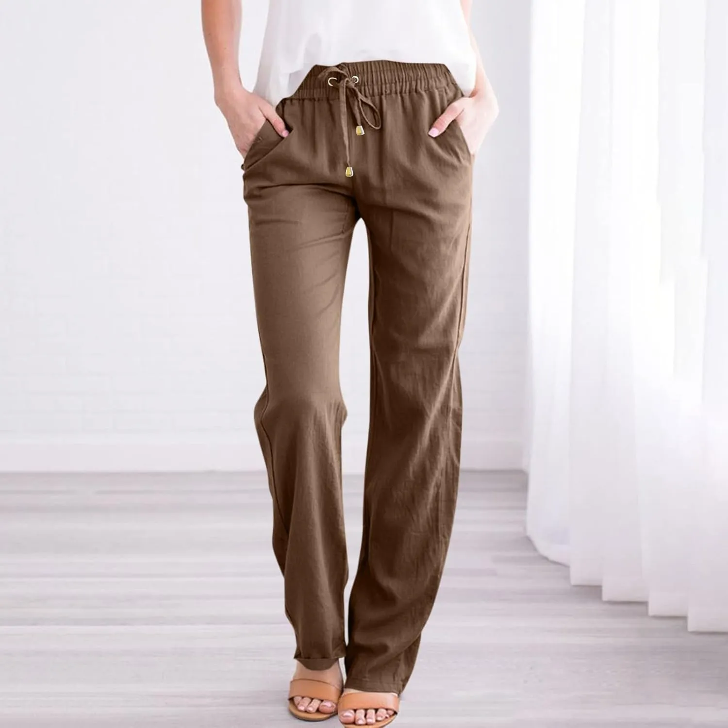 Cotton Linen Pants for Women Straight Leg Drawstring Long Trouser Loose Fit High Waist Beach Pants with Pockets