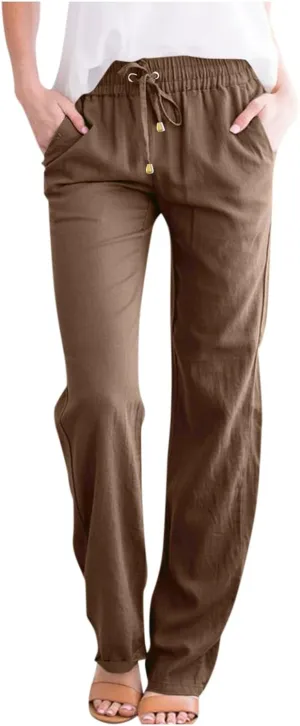 Cotton Linen Pants for Women Straight Leg Drawstring Long Trouser Loose Fit High Waist Beach Pants with Pockets