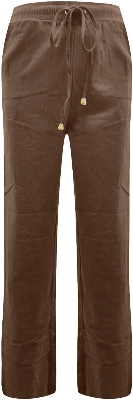 Cotton Linen Pants for Women Straight Leg Drawstring Long Trouser Loose Fit High Waist Beach Pants with Pockets