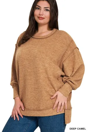 Double Edge Plus Deep Camel Oversized Hi Low Sweater (Size 2X/3X)
