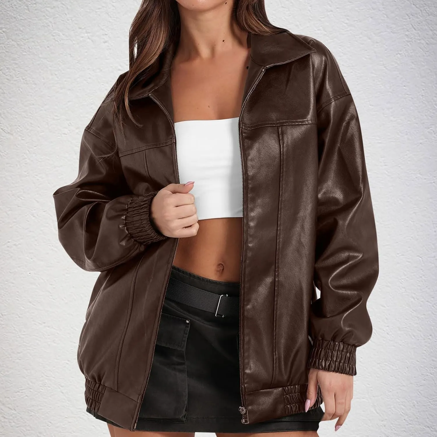 Faux Leather Jacket for Women Lapel Oversized Motorcycle Jacket Zip Up Bomber Coats Winter Fashion 2024 Fall Outfits