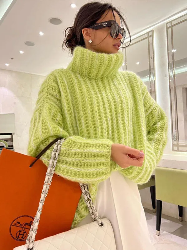 Fluffy Turtleneck Long-sleeve Chunky Pullover Sweater