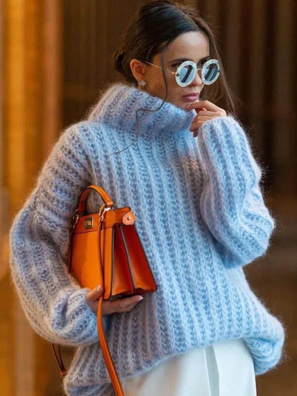 Fluffy Turtleneck Long-sleeve Chunky Pullover Sweater