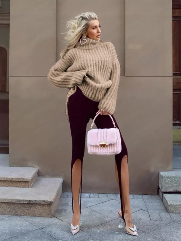 Fluffy Turtleneck Long-sleeve Chunky Pullover Sweater