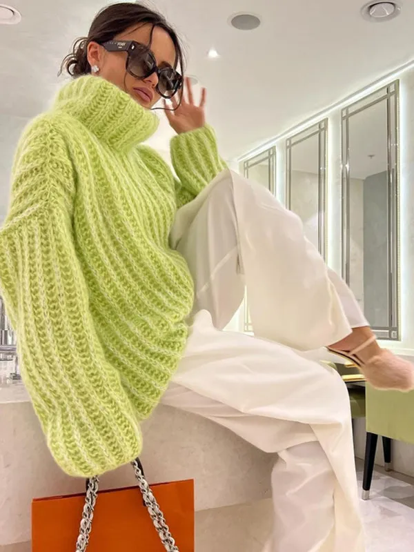 Fluffy Turtleneck Long-sleeve Chunky Pullover Sweater