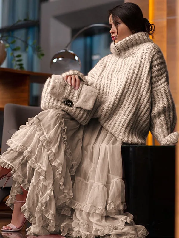 Fluffy Turtleneck Long-sleeve Chunky Pullover Sweater