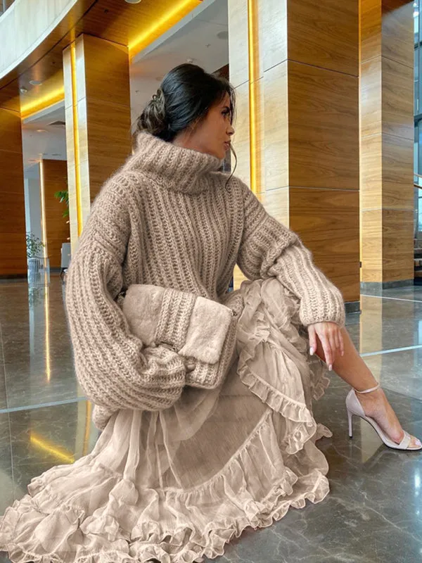 Fluffy Turtleneck Long-sleeve Chunky Pullover Sweater