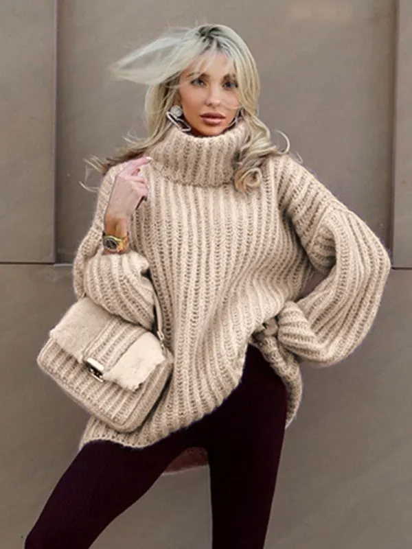 Fluffy Turtleneck Long-sleeve Chunky Pullover Sweater