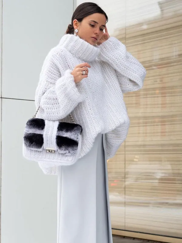 Fluffy Turtleneck Long-sleeve Chunky Pullover Sweater