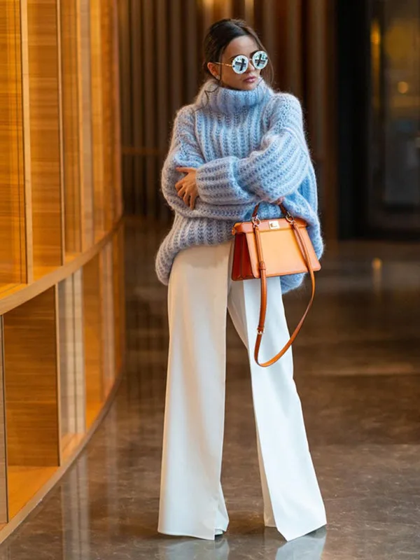 Fluffy Turtleneck Long-sleeve Chunky Pullover Sweater