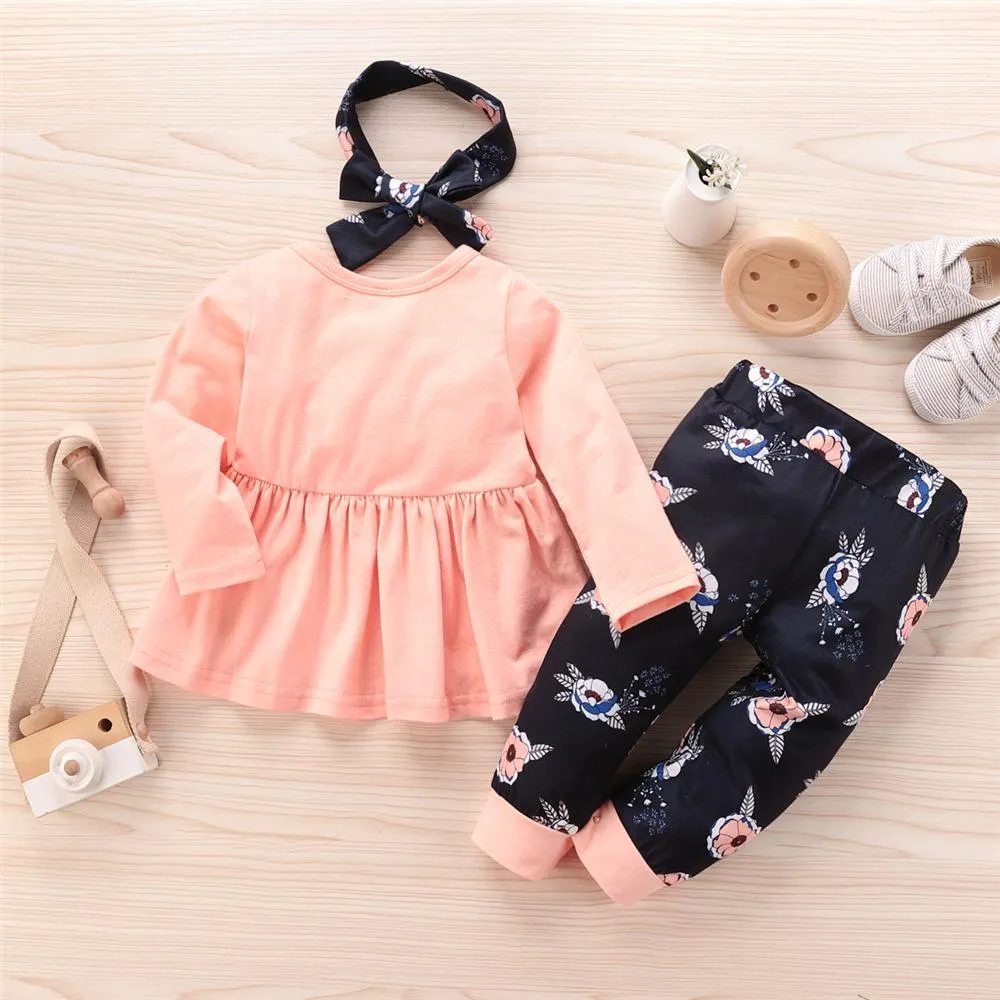 Girls Casual Crew Neck Top & Pants & Headband Girls Clothes Wholesale