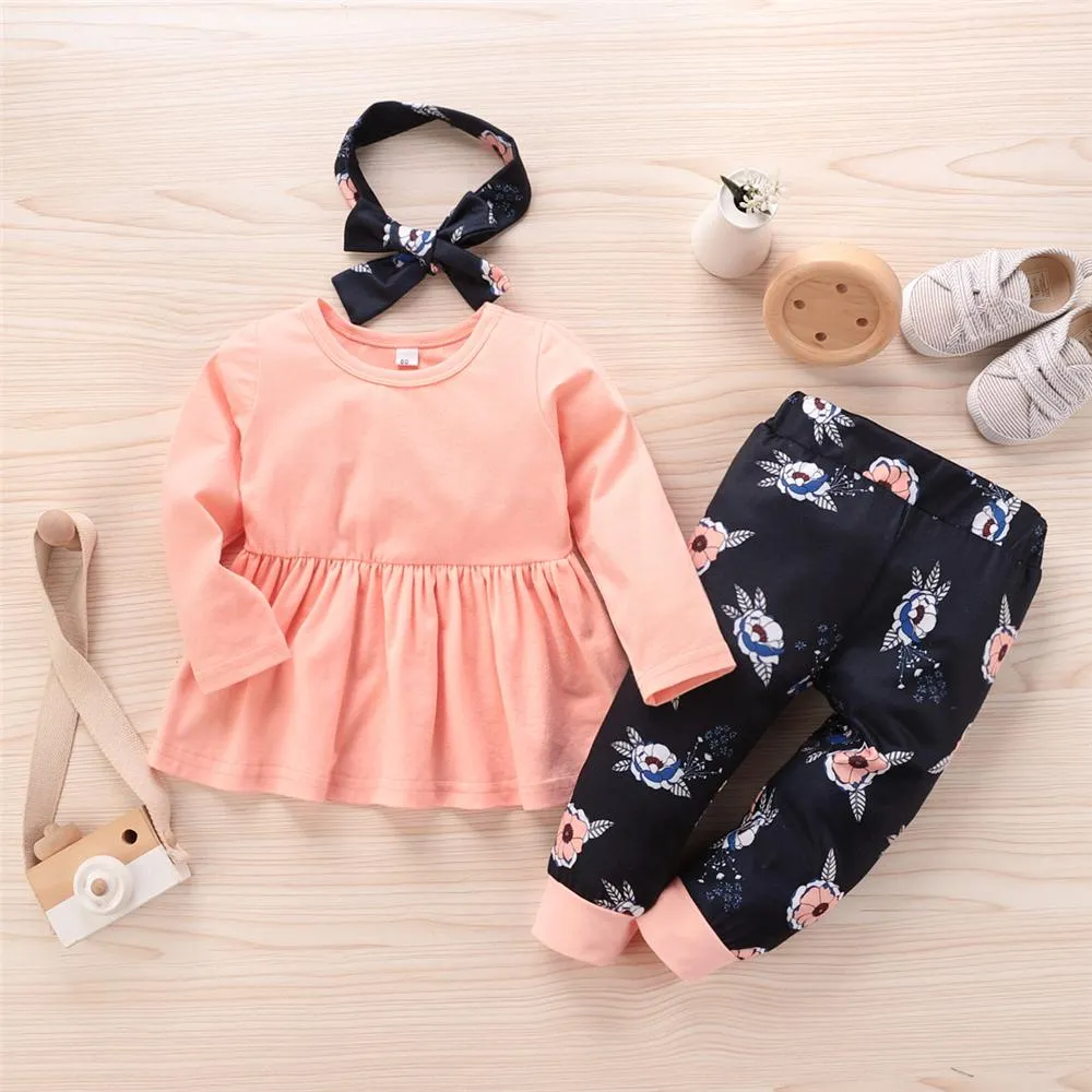 Girls Casual Crew Neck Top & Pants & Headband Girls Clothes Wholesale