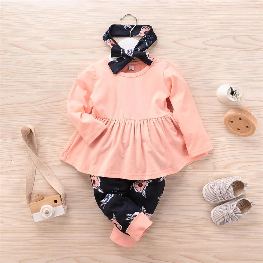 Girls Casual Crew Neck Top & Pants & Headband Girls Clothes Wholesale