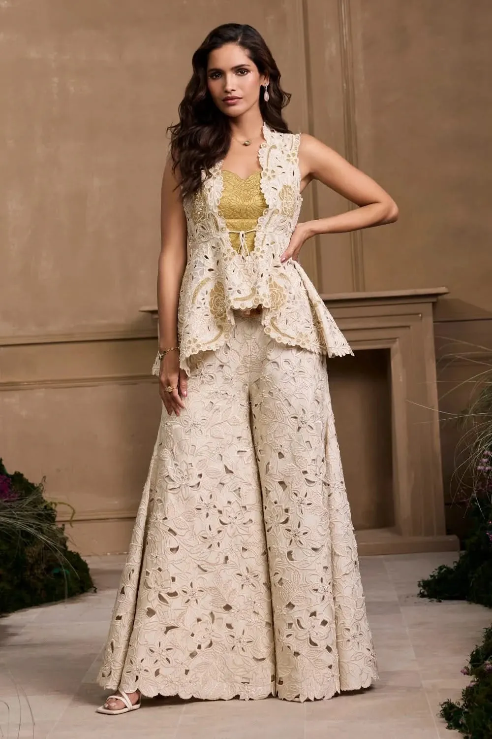 Gold Bustier And Peplum Jacket With Sharara Pants