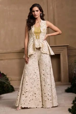 Gold Bustier And Peplum Jacket With Sharara Pants