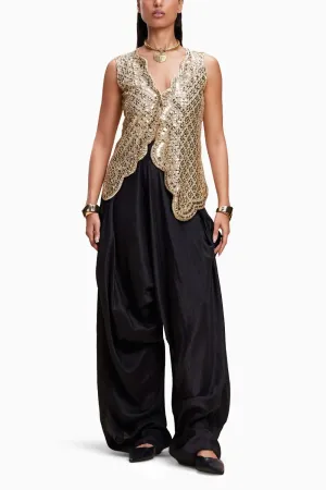 Golden Embellished Jacket And Black Dhoti Set