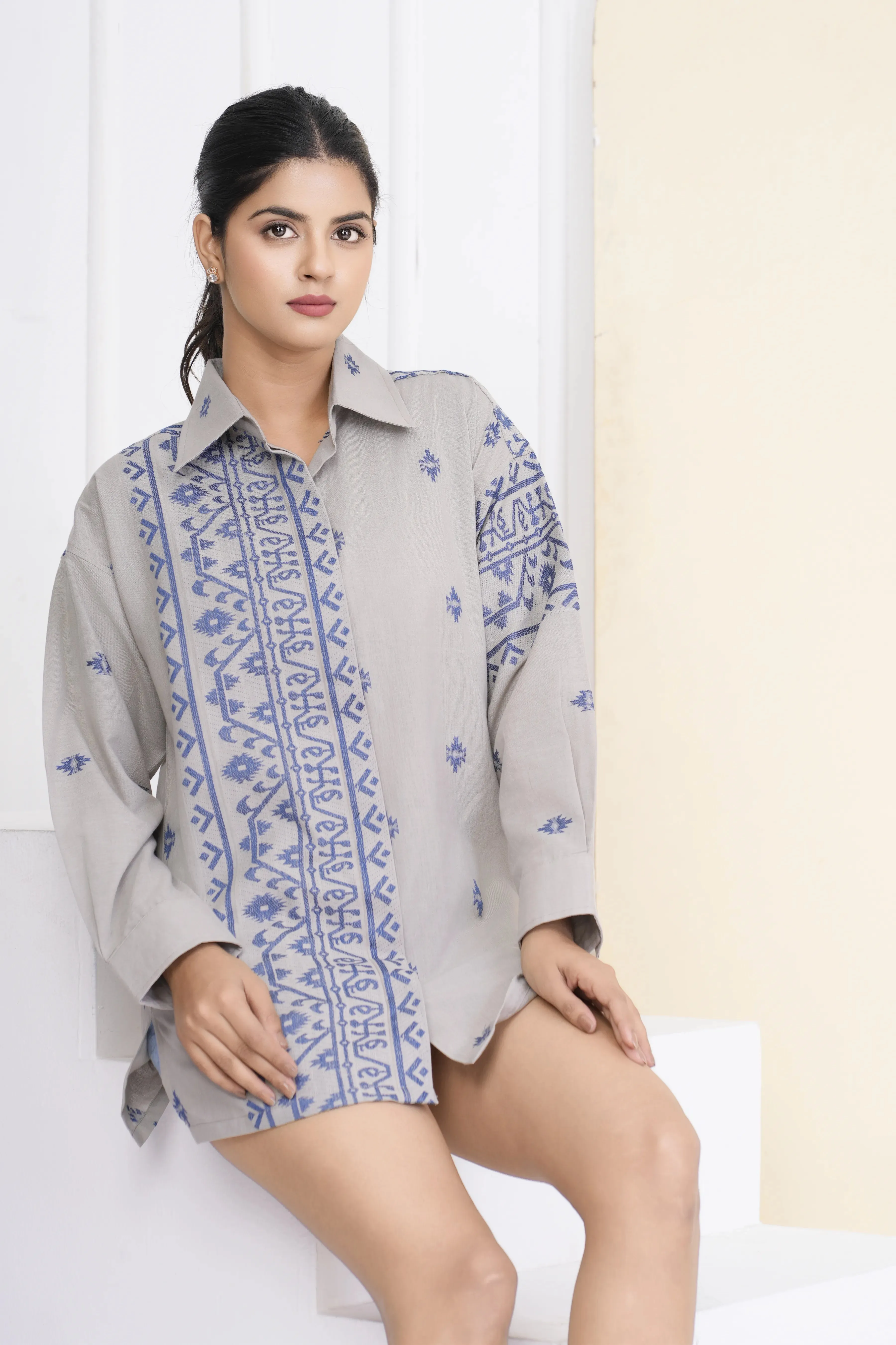 Grey-Blue Ikat Cotton Shirt