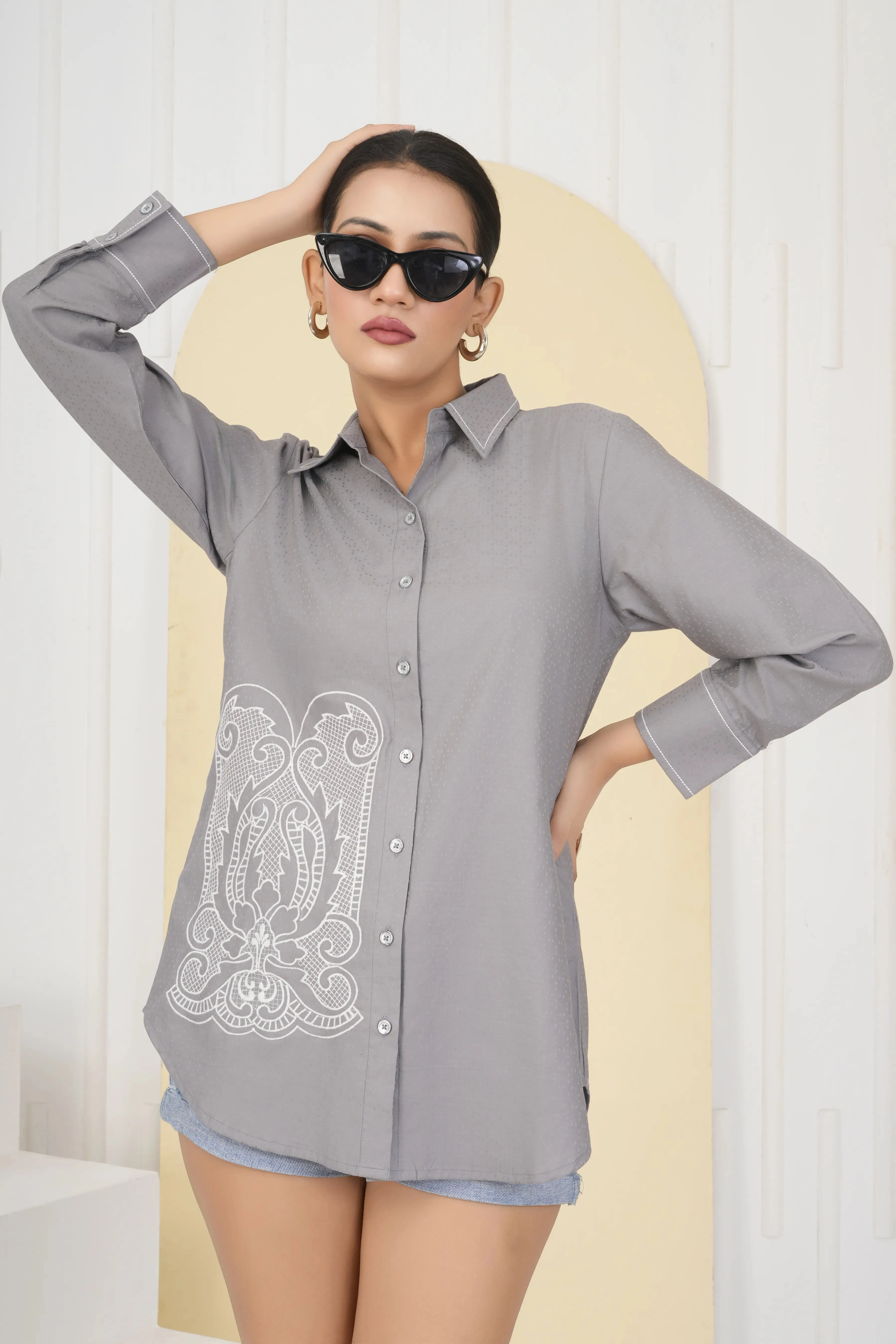 Grey Dobby Texture Embroidered Cotton Shirt