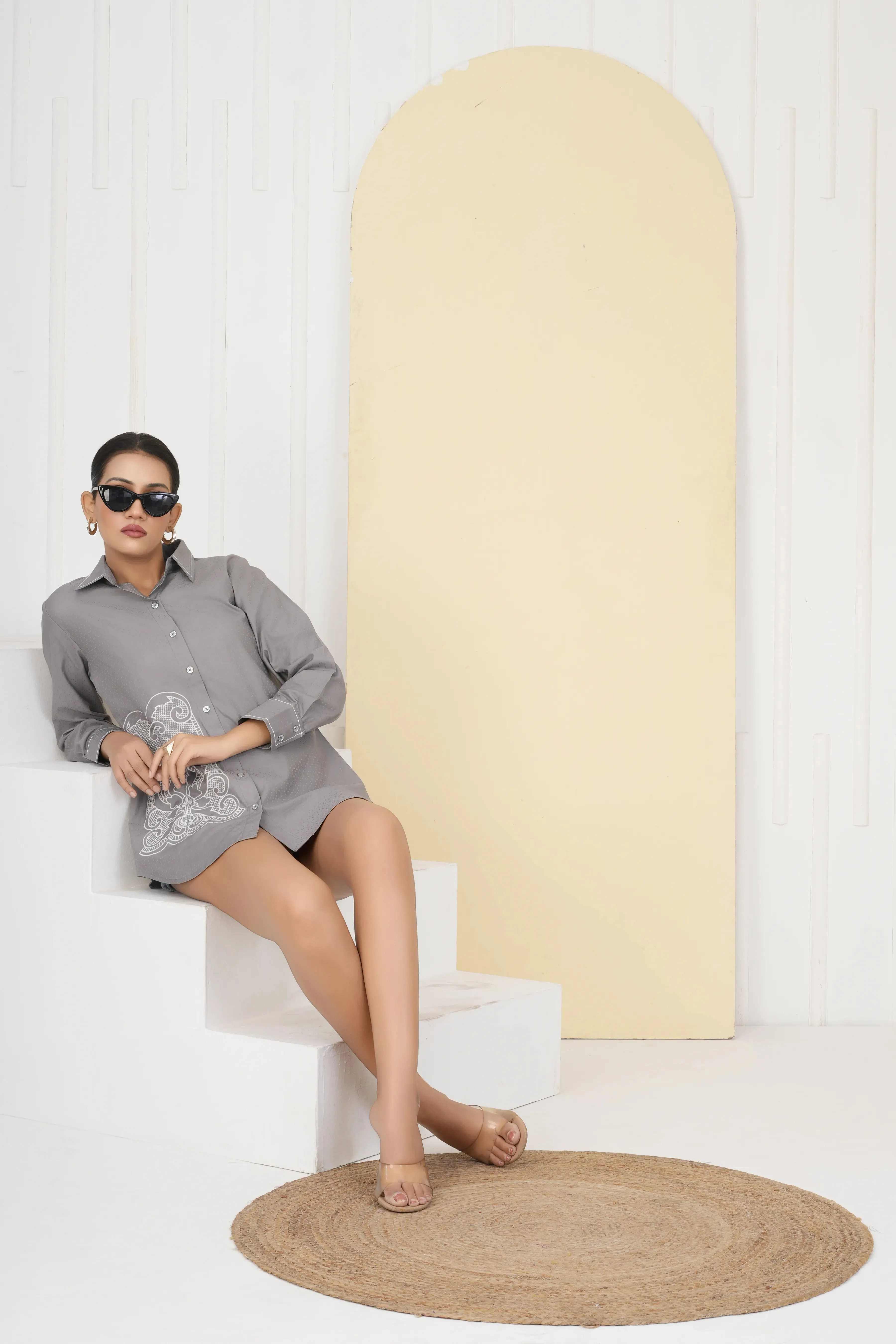 Grey Dobby Texture Embroidered Cotton Shirt