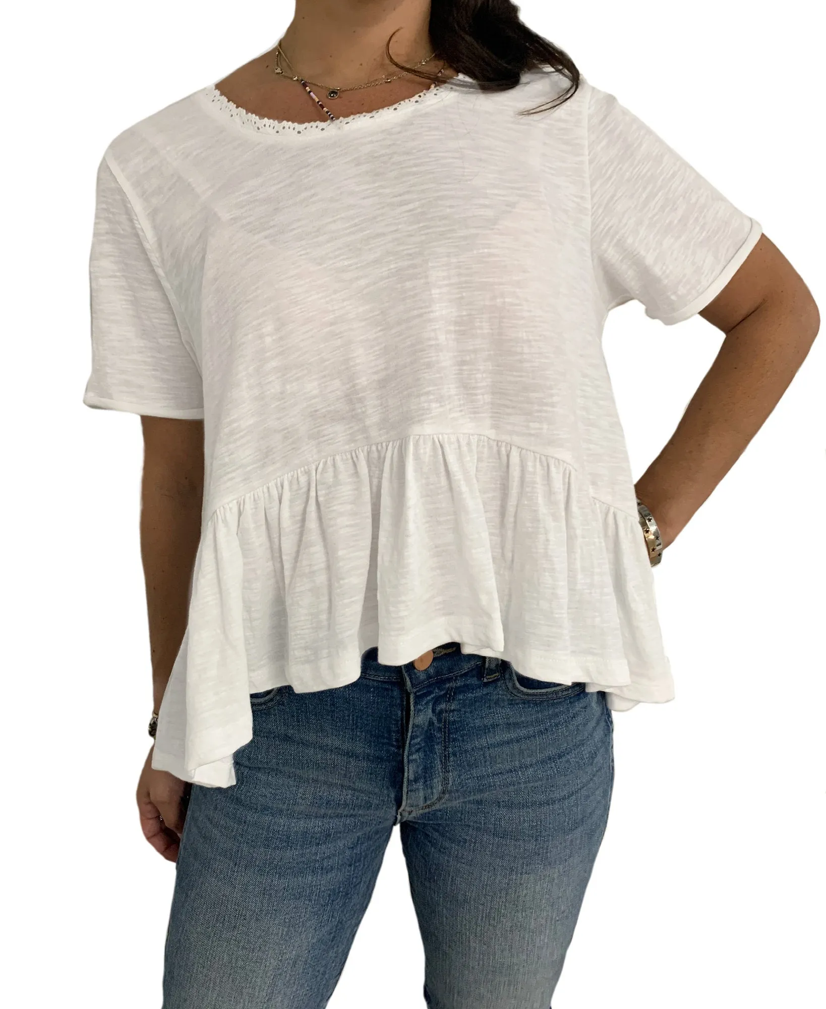 Juniors' Lace-Trim Flounce-Hem Top