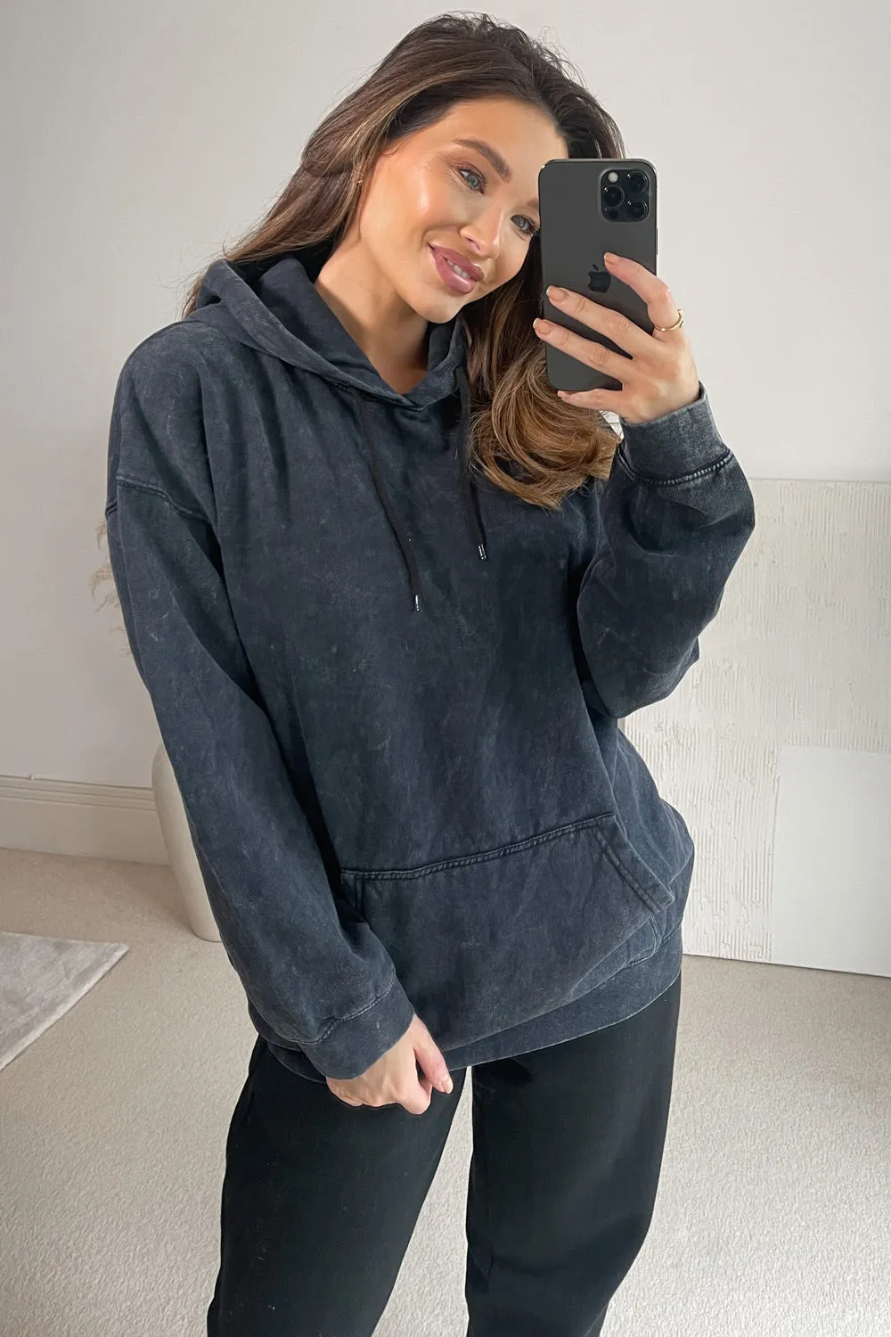 Kaily Black Acid Wash Oversized Hoodie