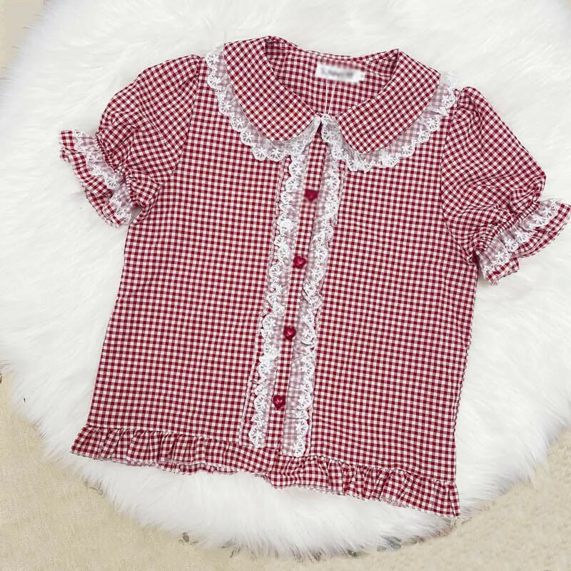 Kawaii Lace Ruffles Gingham Short Sleeve Blouse