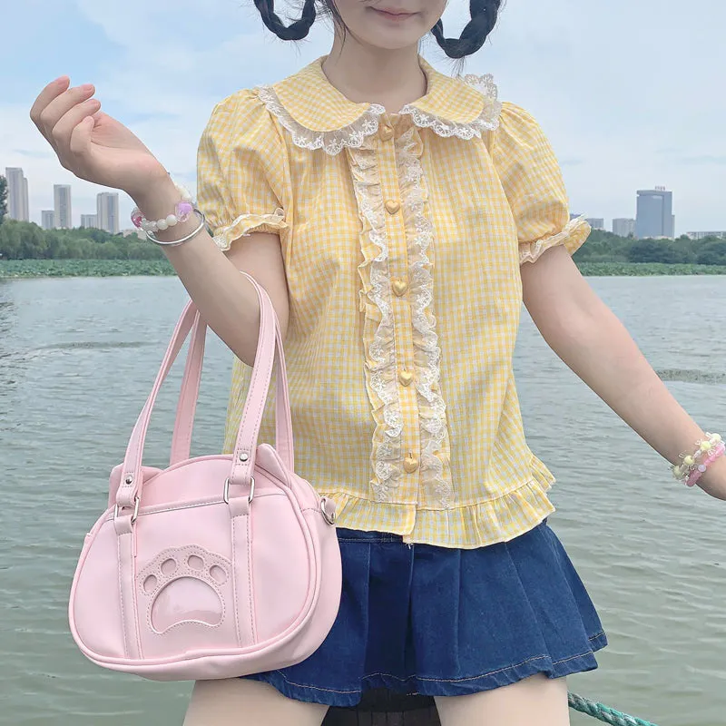Kawaii Lace Ruffles Gingham Short Sleeve Blouse