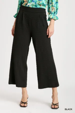 Kyla Square Jacquard Wide Fit Pants with Pleats & Elastic Waistband In Black
