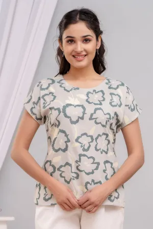 Light Olive Viscose Printed Magyar Sleeve Top
