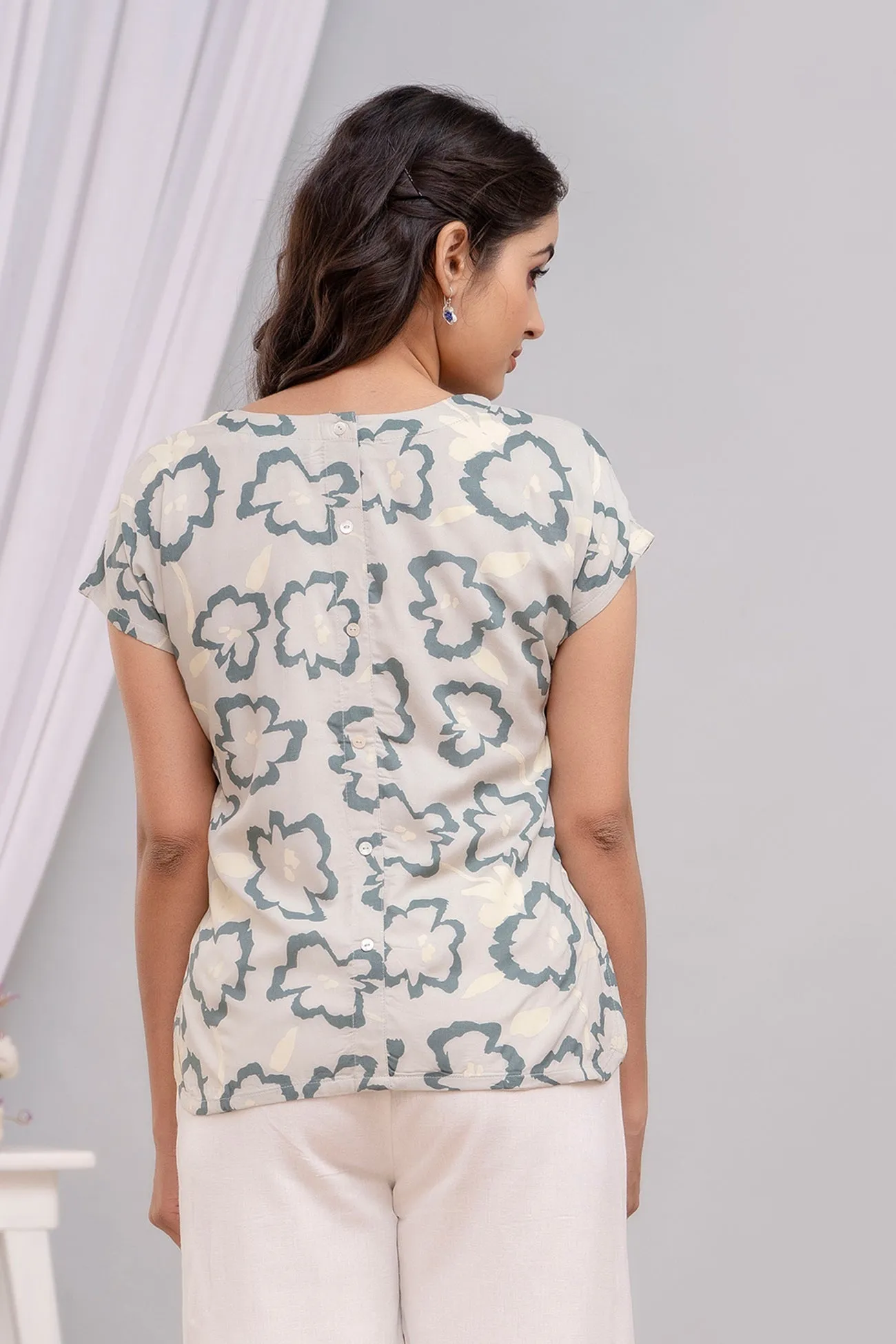 Light Olive Viscose Printed Magyar Sleeve Top