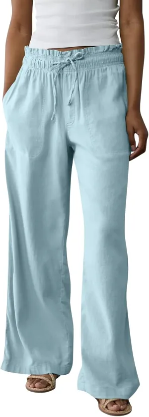 Linen Pants for Women Casual 2025 Summer Elastic Waist Drawstring Lounge Pants with Pockets High Waisted Solid Clothes