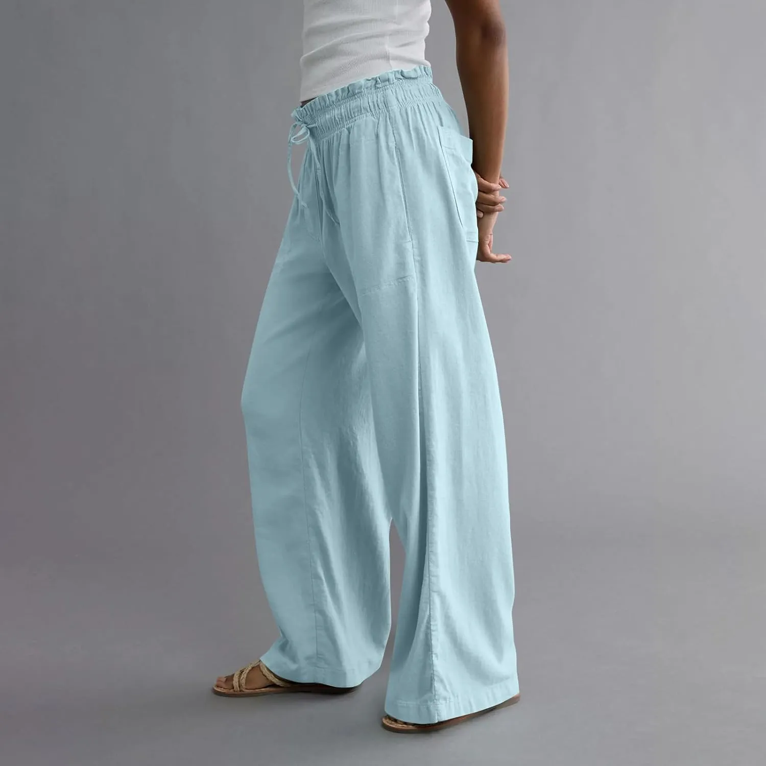 Linen Pants for Women Casual 2025 Summer Elastic Waist Drawstring Lounge Pants with Pockets High Waisted Solid Clothes