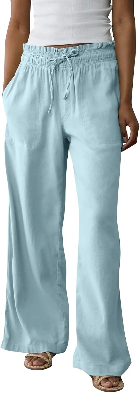 Linen Pants for Women Casual 2025 Summer Elastic Waist Drawstring Lounge Pants with Pockets High Waisted Solid Clothes