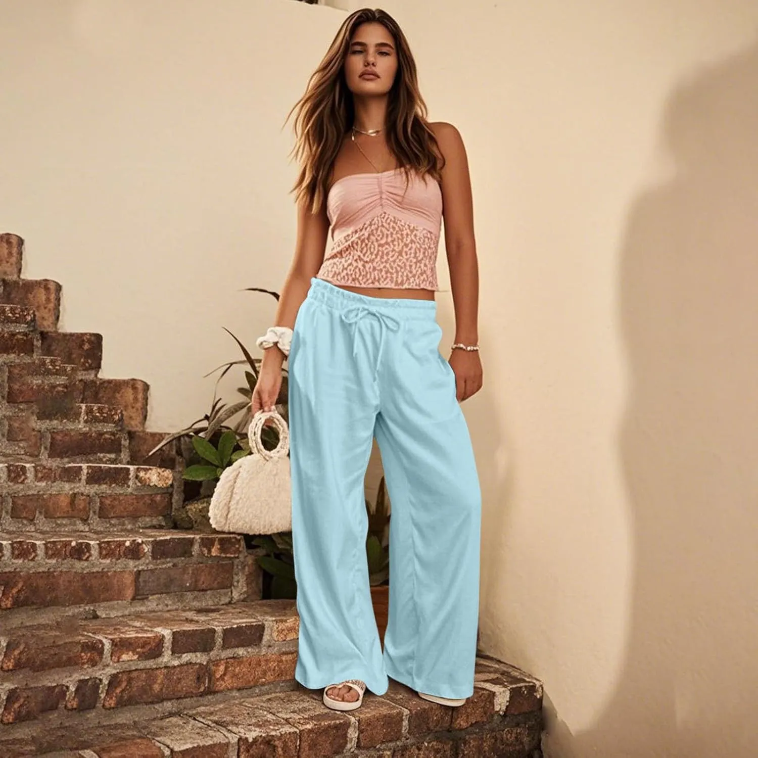 Linen Pants for Women Casual 2025 Summer Elastic Waist Drawstring Lounge Pants with Pockets High Waisted Solid Clothes