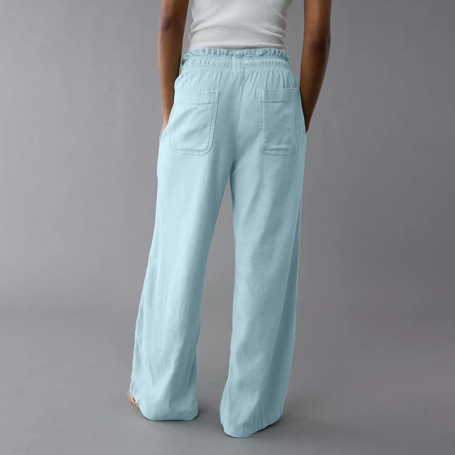 Linen Pants for Women Casual 2025 Summer Elastic Waist Drawstring Lounge Pants with Pockets High Waisted Solid Clothes
