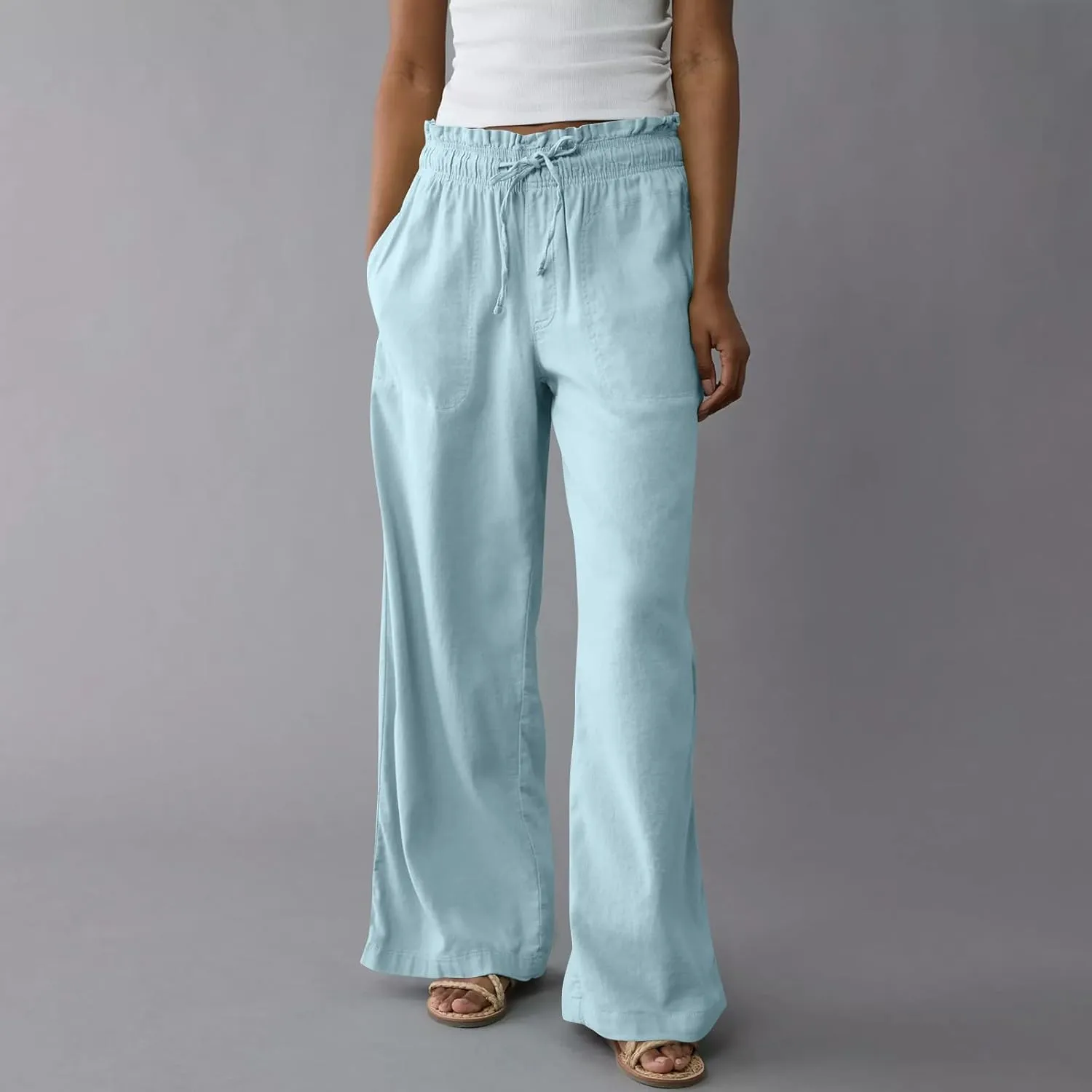 Linen Pants for Women Casual 2025 Summer Elastic Waist Drawstring Lounge Pants with Pockets High Waisted Solid Clothes
