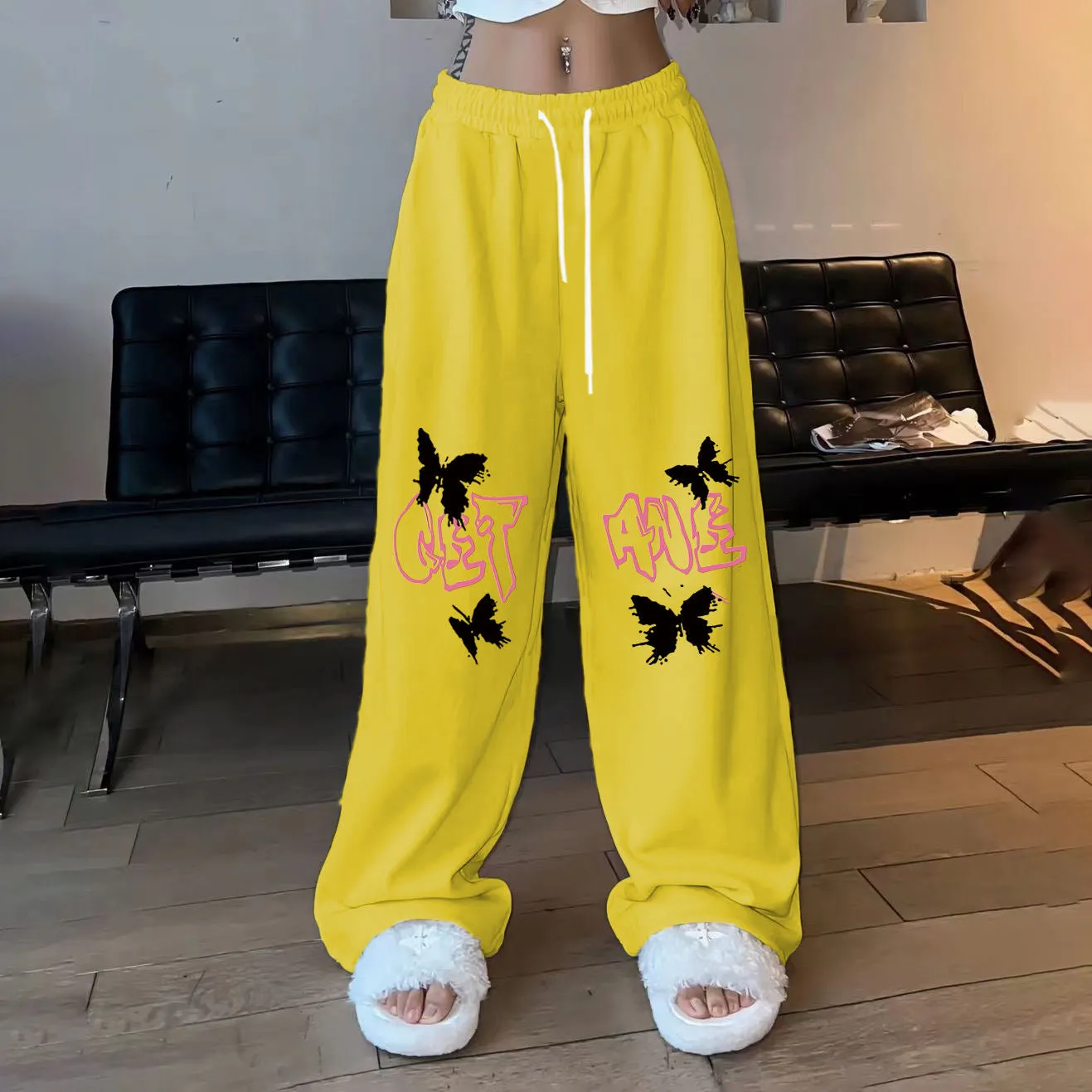 Melard Pants Jazz Dance Streetwear American Hip-Hop Trendy Butterfly Print Loose-Fit Straight-Leg Sport Trousers