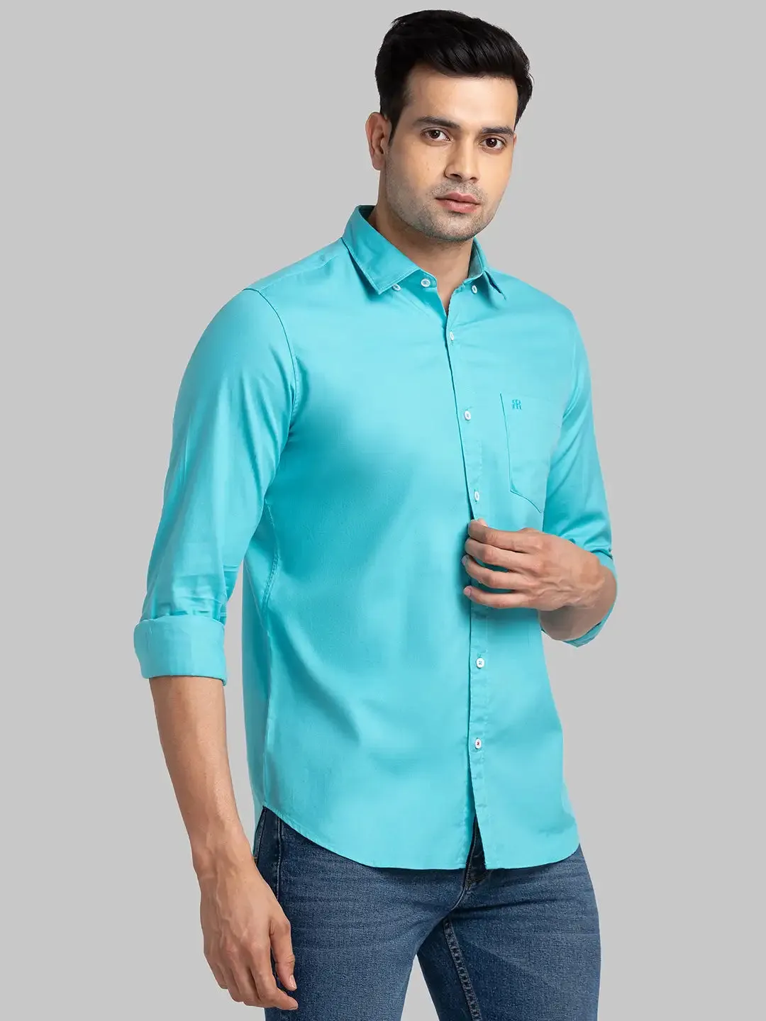 Men Green Contemporary Fit Solid Cotton Shirts
