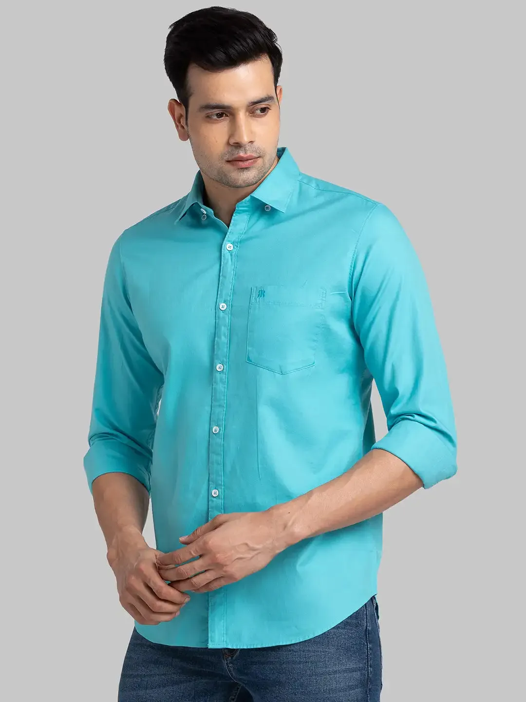 Men Green Contemporary Fit Solid Cotton Shirts