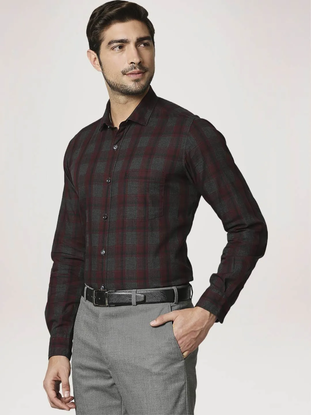 Men Maroon Contemporary Fit Checks Cotton Shirts