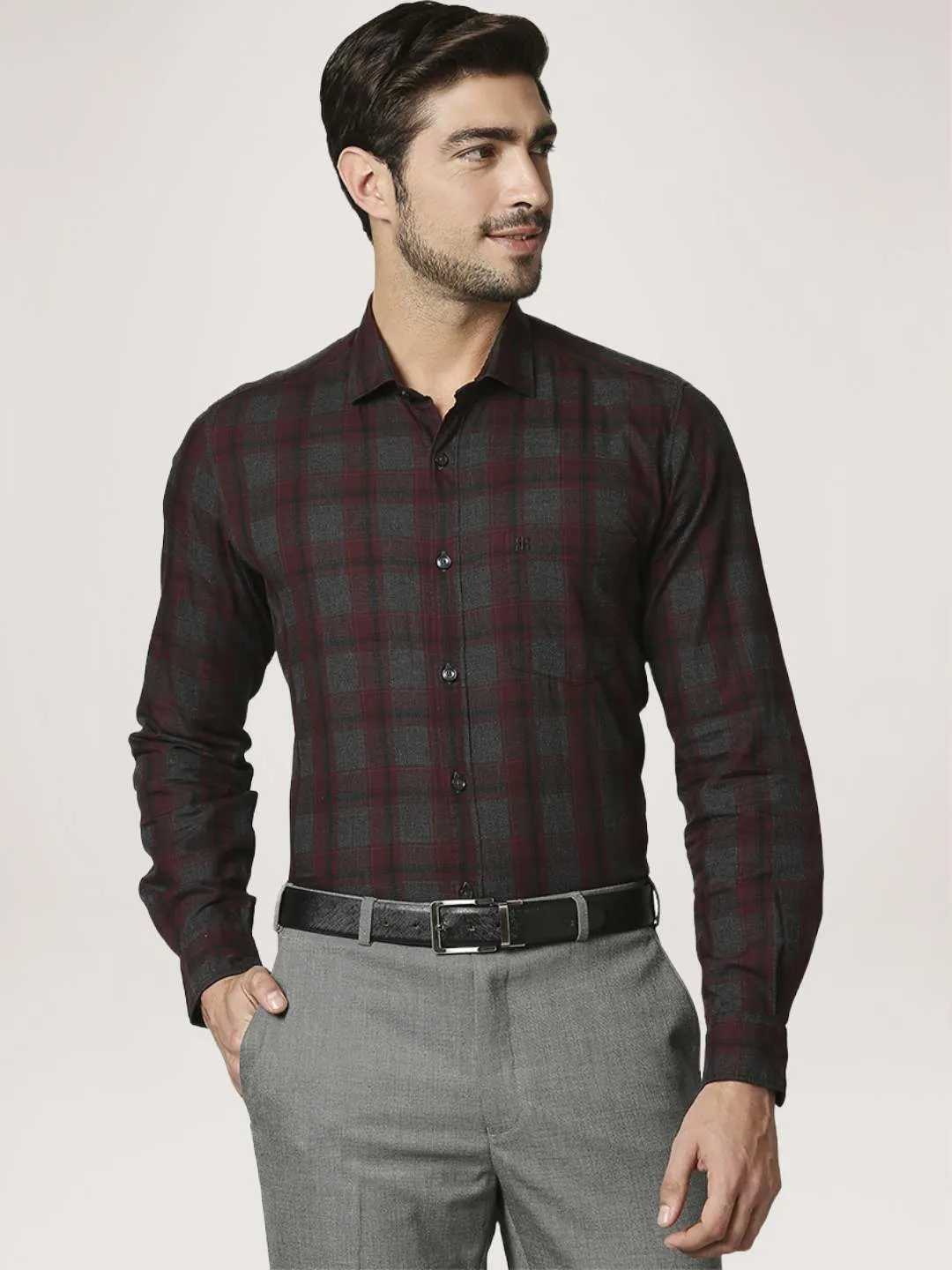 Men Maroon Contemporary Fit Checks Cotton Shirts