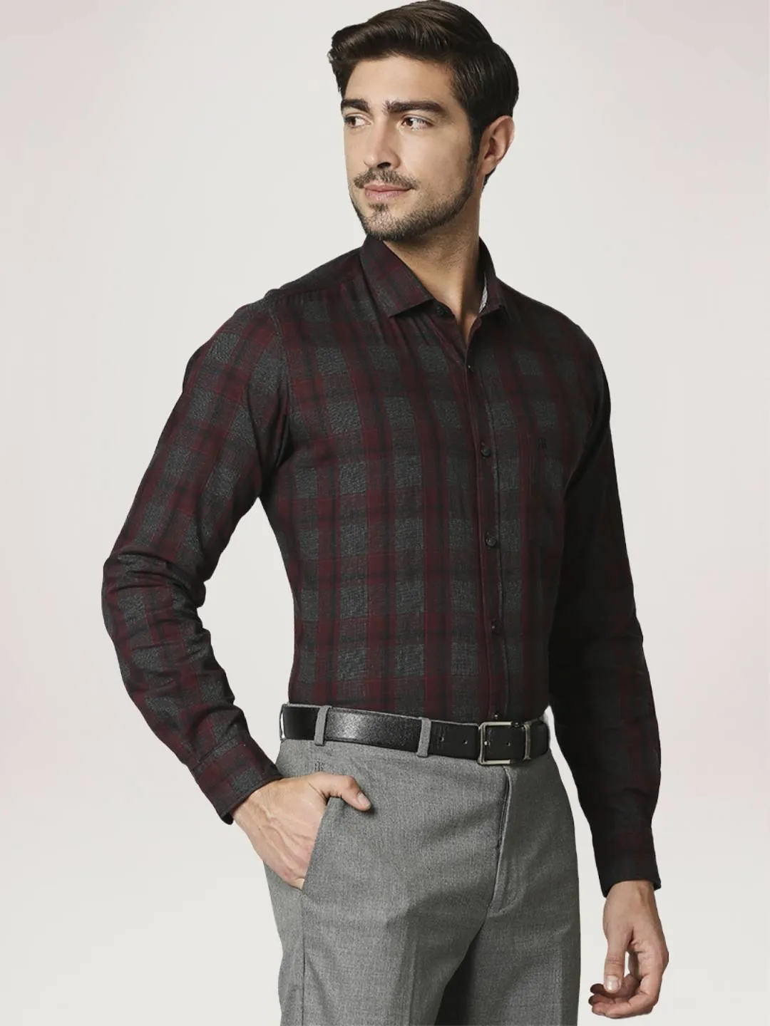 Men Maroon Contemporary Fit Checks Cotton Shirts