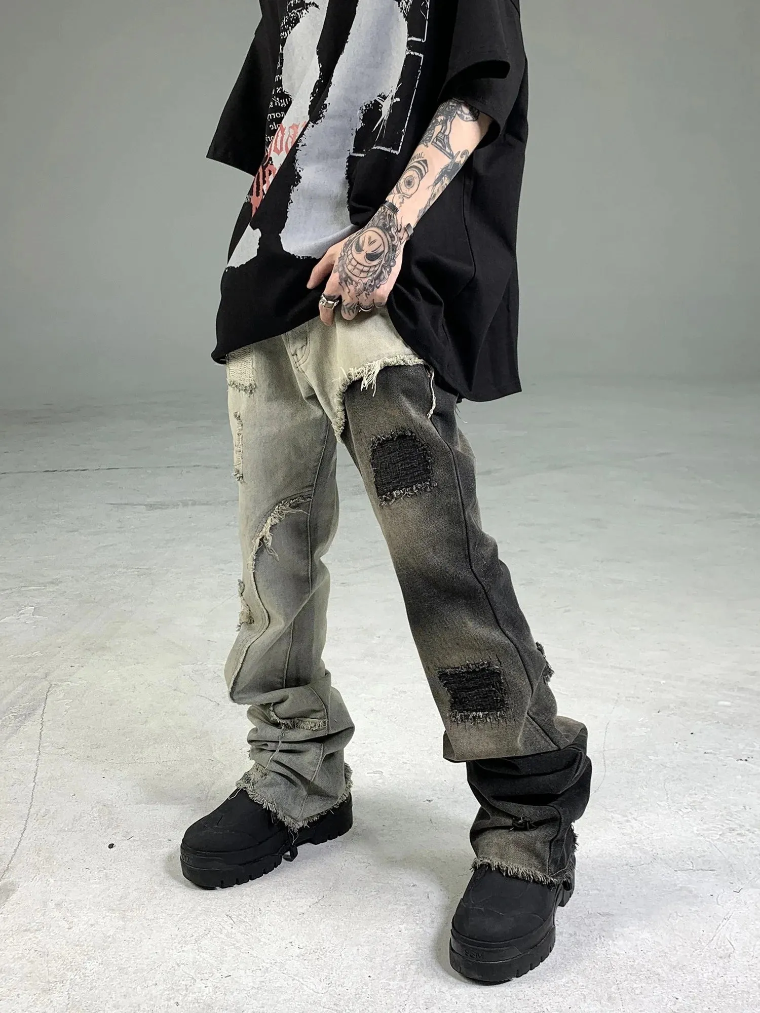 Mens Edgy Tattered Pants with Patched Stitching - Avant-Garde Style