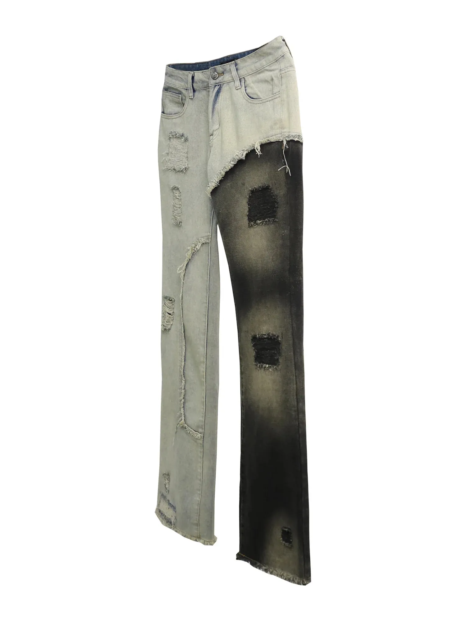 Mens Edgy Tattered Pants with Patched Stitching - Avant-Garde Style
