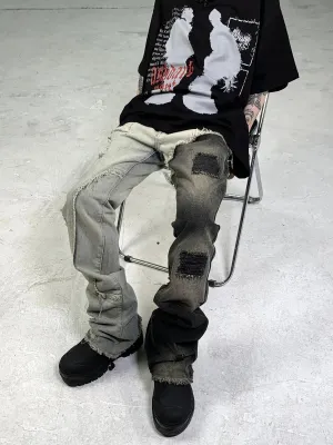 Mens Edgy Tattered Pants with Patched Stitching - Avant-Garde Style